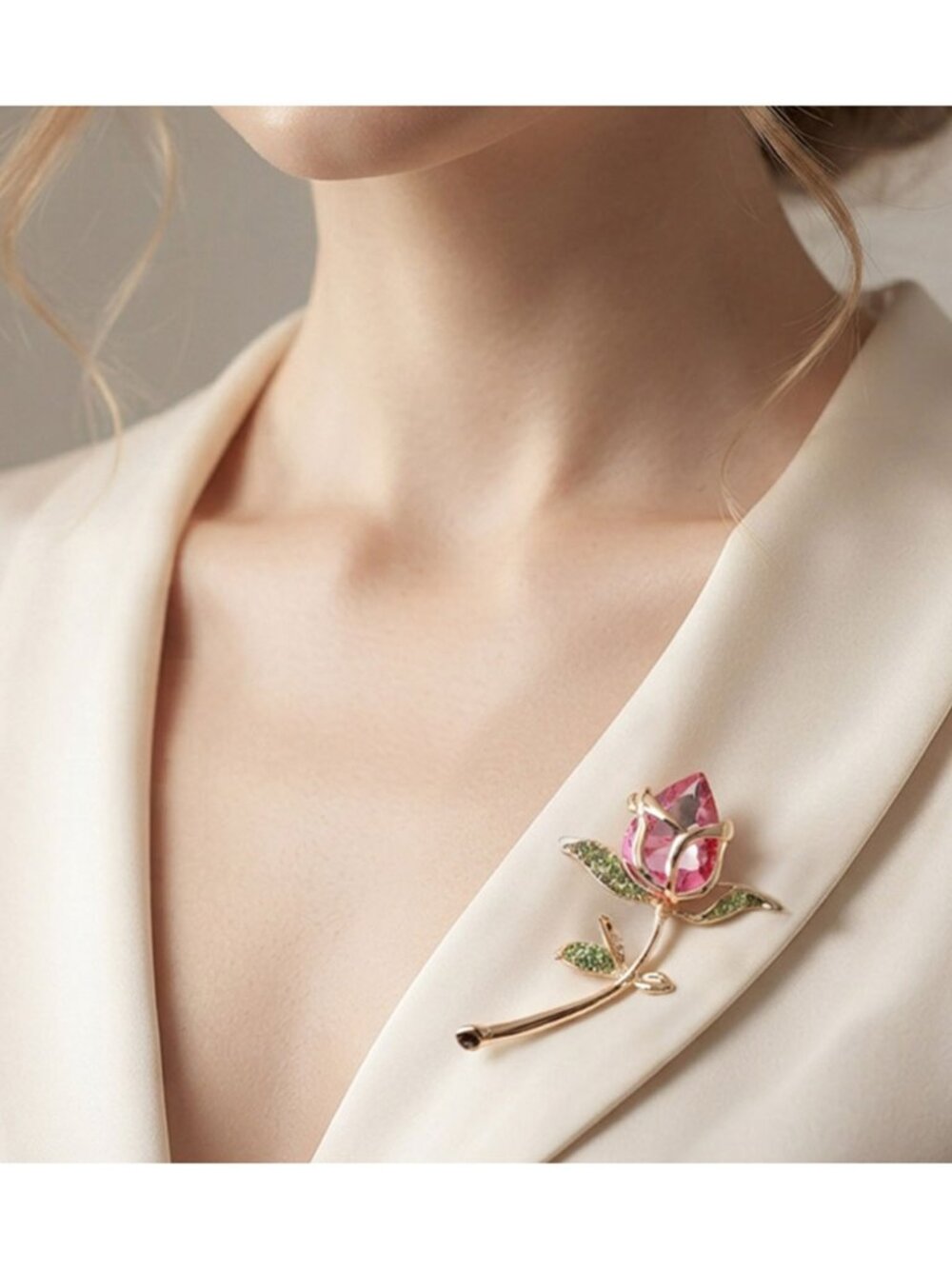 Tigerstars Pink Crystal Rose Stem Pin Brooch
